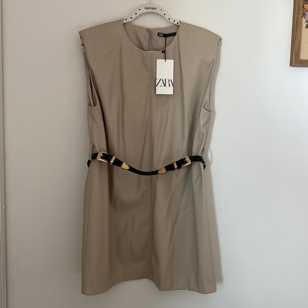 ZARA  soft beige leatherette belted dress.